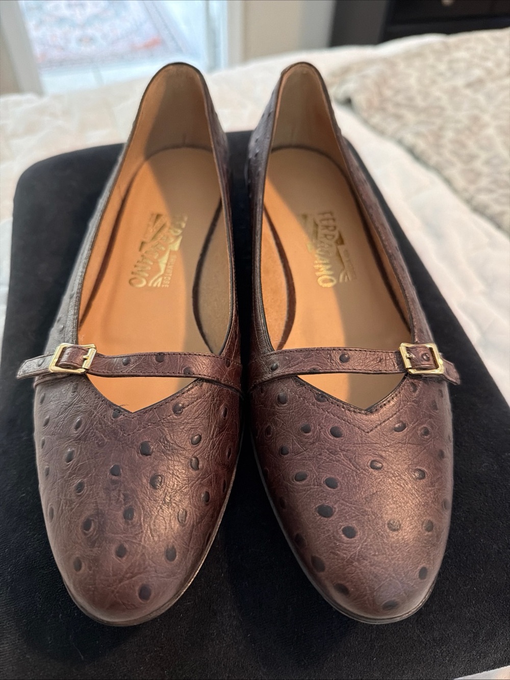 Salvatore Ferragamo Audrey Ballet Flats Ostrich Brown 8 - Picture 2 of 12